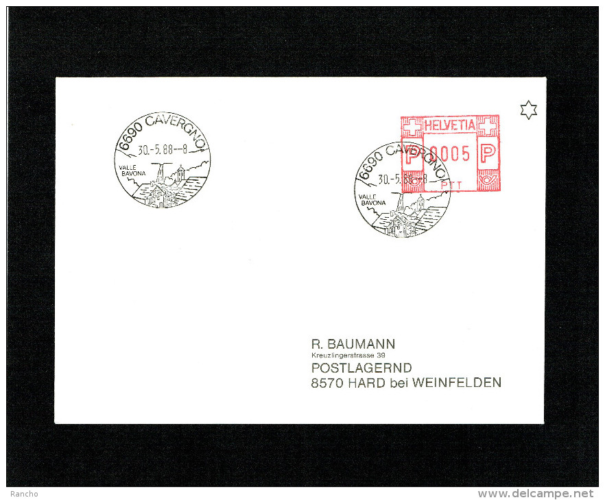 SUISSE FLAMME MECANIQUE Noir : 6690 CAVERGNO. DU 30.5.1988. - Postage Meters