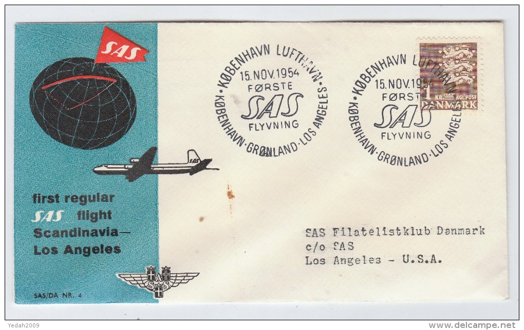 Denmark/USA SAS FIRST REGULAR FLIGHT COVER SCANDINAVIA/LOS ANGELES 1954 - Poste Aérienne