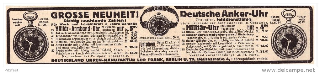 Original Werbung - 1916 - Deutsche Anker-Uhr , Militäruhr , Leo Frank In Berlin , Uhrenmacher !!! - Montres Gousset