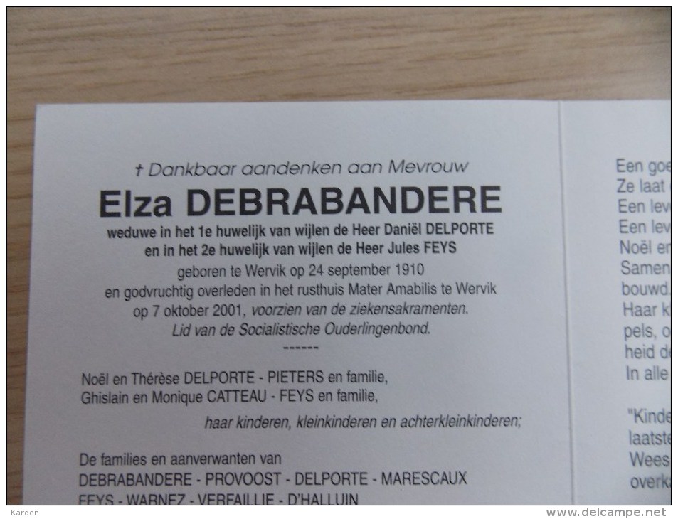 Doodsprentje Elza Debrabandere Wervik 24/9/1910 - 7/10/2001 ( Daniël Delporte En Jules Feys ) - Religione & Esoterismo
