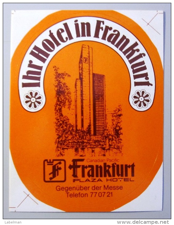 HOTEL PENSION PLAZA HOF FRANKFURT GERMANY DEUTSCHLAND TAG DECAL STICKER LUGGAGE LABEL ETIQUETTE AUFKLEBER BERLIN - Hotel Labels