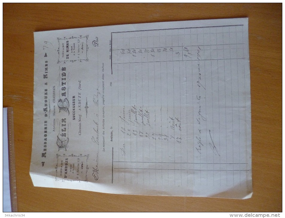 Facture Anduze Gard. Felix Bastide.Messageries D´Anduze à Nîmes 1901 - Transportmiddelen