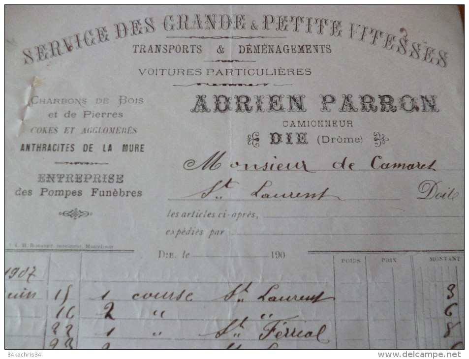 Facture Adrien Parron. Die Drome Transport Et Déménagement Service Des Grandes Et Petites Vitesses 1908 - Transportmiddelen