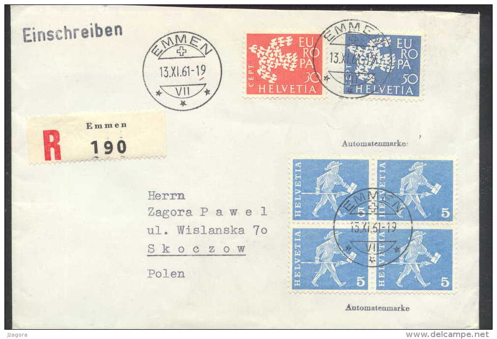 EUROPA 1961 SWISS SCHWEIZ SWITZERLAND CEPT R-cover To POLAND Mi 736 737 + Automatenmarke - Automatic Stamps