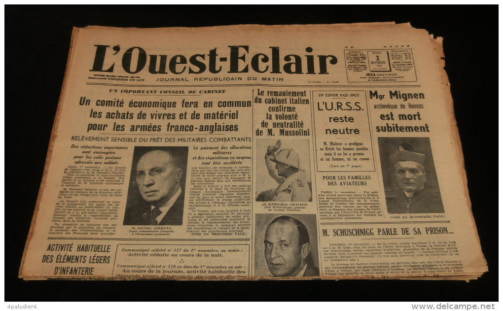 Guerre 39-45 WW2 BRETAGNE Journal L'OUEST-ECLAIR 15 Numéros Novembre 1939 Drôle De Guerre Morbihan - Autres & Non Classés