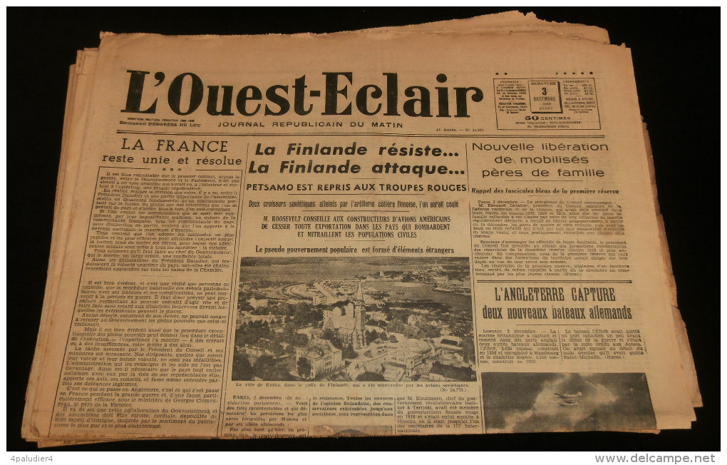 Guerre 39-45 WW2 BRETAGNE Journal L´OUEST-ECLAIR 15 Numéros  Décembre 1939 Drôle De Guerre Morbihan - Autres & Non Classés