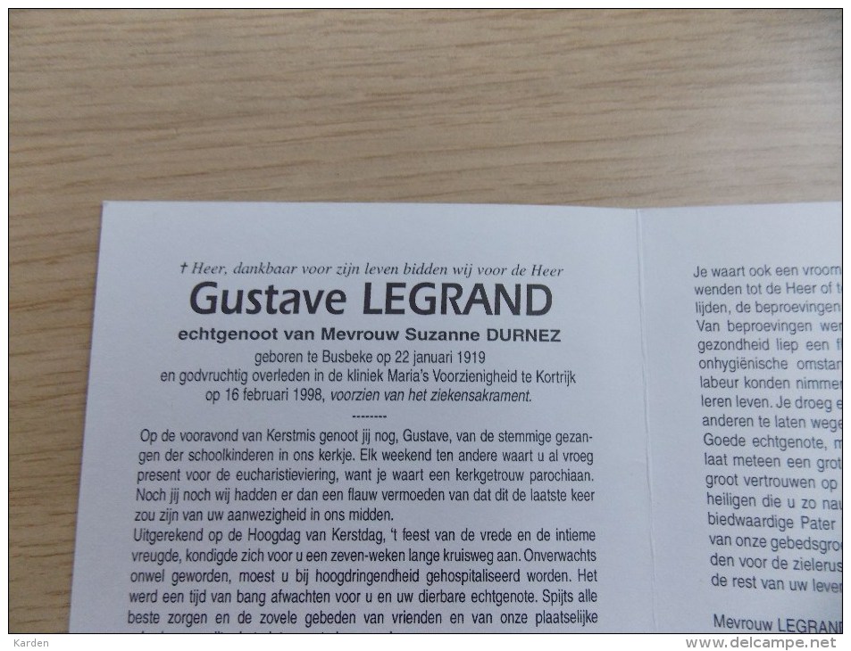 Doodsprentje Gustave Legrand Busbeke 22/1/1919 Kortrijk 16/2/1998 ( Suzanne Durnez ) - Religion & Esotérisme