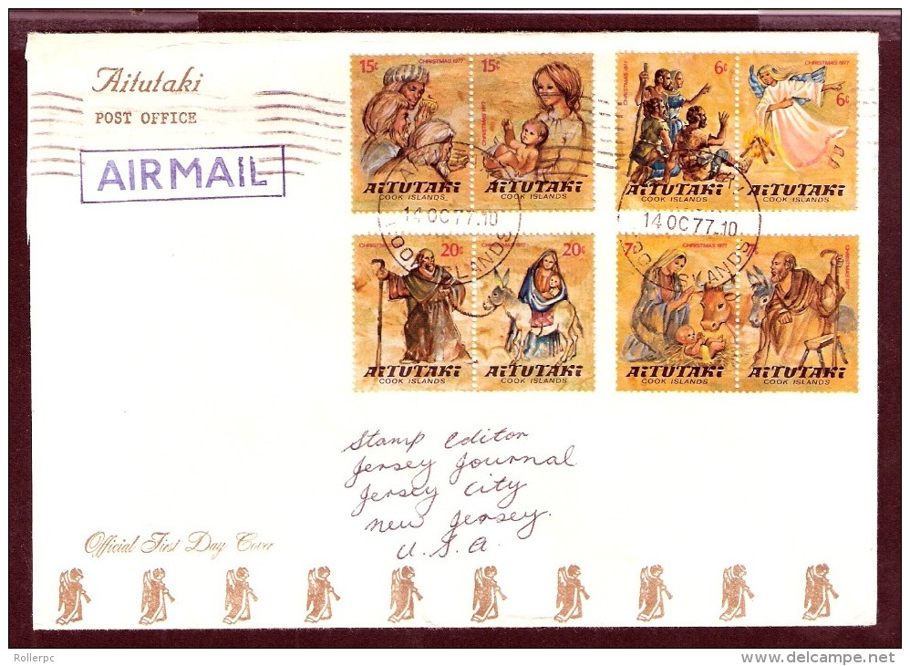 090004 Sc  153a,155a,157a & 159a CHRISTMAS 1977-ALL SE-TENANT-ON FDC AIRMAIL OVERLEAF  PERRY,IA 50220//1977 TRANSIT CDS - Aitutaki