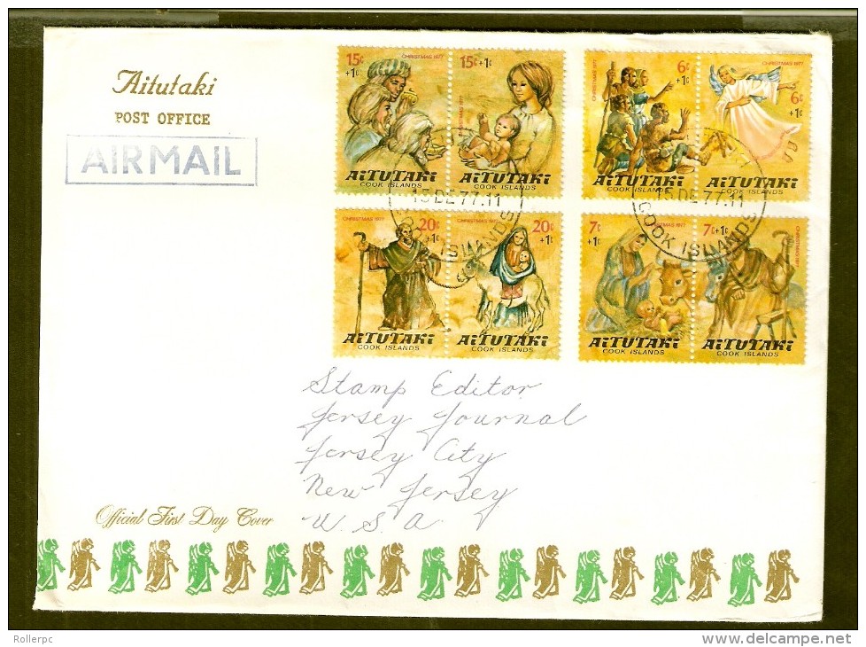 090005 Sc  B20a, B22a, B24a B26a CHRISTMAS 1977 FOR CHILD WELFARE-ALL SE-TENANT-ON FDC AIRMAIL - Aitutaki