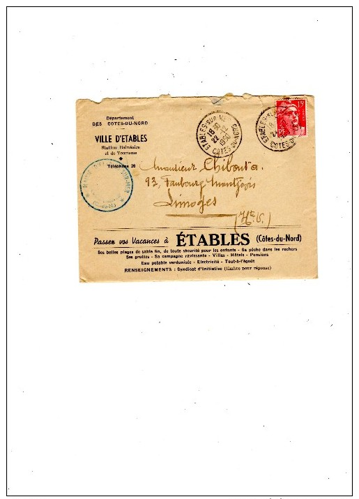 1950 Enveloppe Et Lettre Communes ETABLES (cotes Du Nord - Other & Unclassified