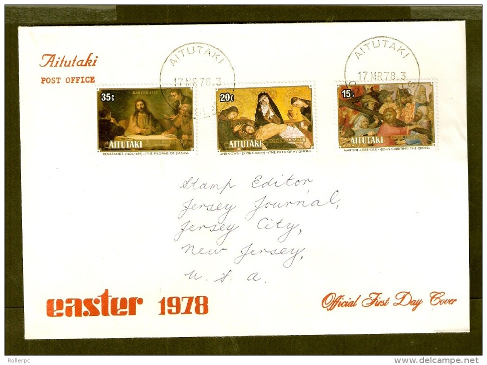 090007 Sc 163, 164 & 165 EASTER 1978 ON FDC ART/PAINTING/RELIGIOUS - Aitutaki