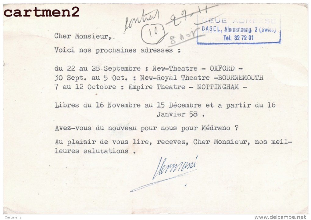 AUTOGRAPHE DEDICACE HERMANE EQUILIBRISTE SUISSE FOIRE CIRQUE CIRCUS ENVOI A HUBERT DE MALAFOSSE MONACO ACROBATE - Cirque