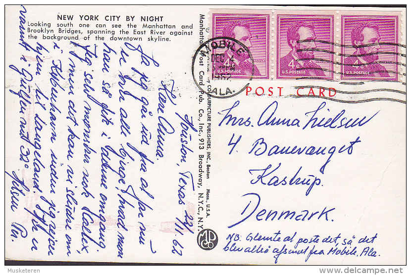 United States PPC New York City By Night MOBILE Alabama 1962 To KASTRUP Denmark 3-Stripe Lincoln Stamps (2 Scans) - Mehransichten, Panoramakarten