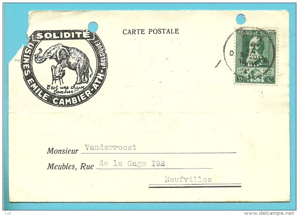 299 Op Kaart Met Stempel ATH Met Firmaperforatie (perfin) " E.C." Van SOLIDITE USINES EMILE CAMBIER à ATH - 1909-34