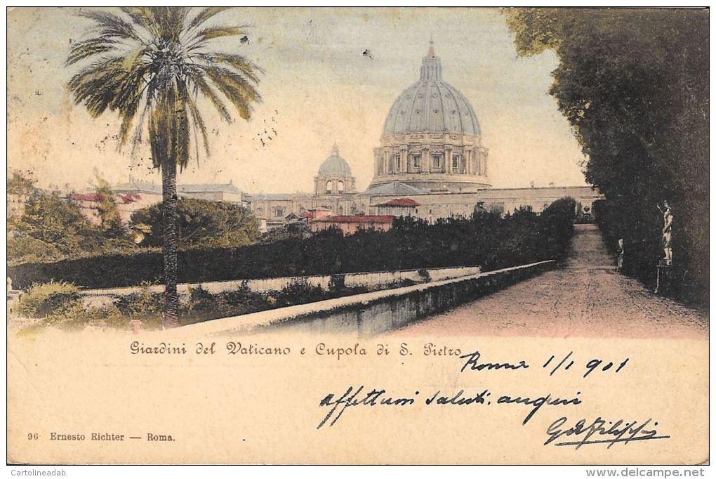 [DC5960] CARTOLINA - ROMA - GIARDINI DEL VATICANO E CUPOLA DI SAN PIETRO - Viaggiata 1901 - Old Postcard - San Pietro