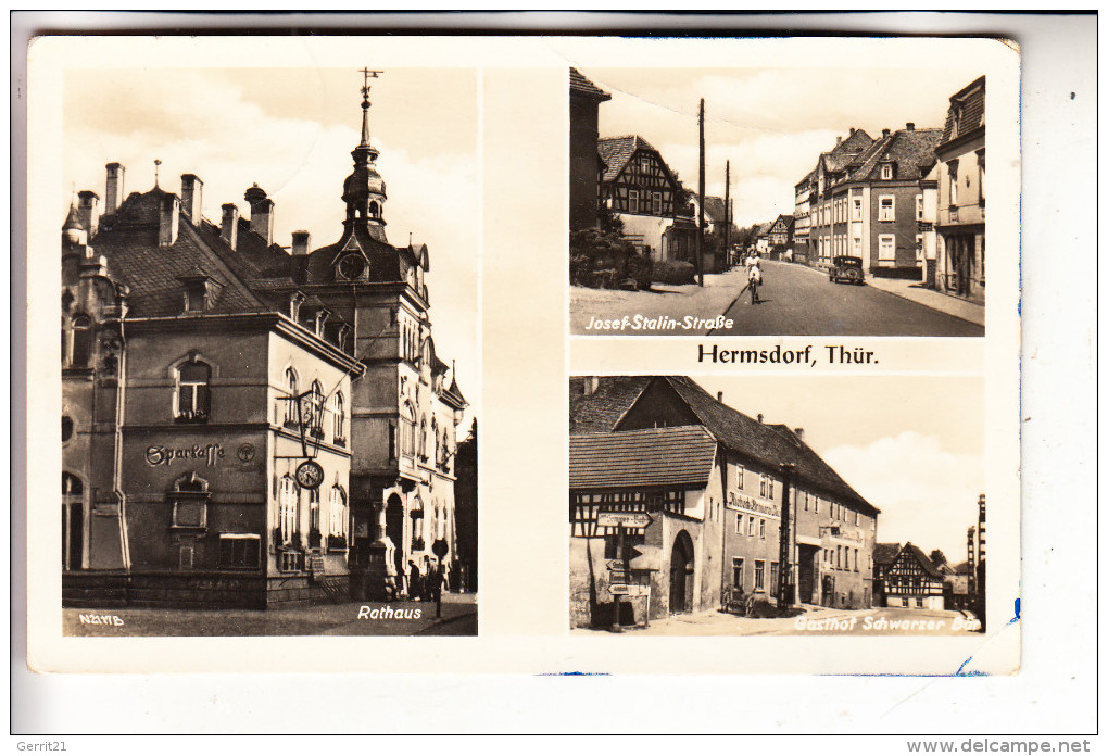 0-6530 HERMSDORF, Josef-Stalin-Strasse, Gasthof "Schwarzer Bär", Rathaus, 1954 - Hermsdorf