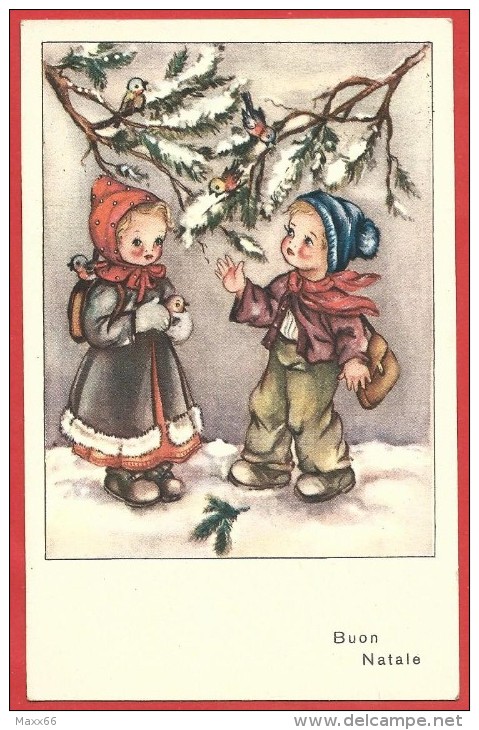 CARTOLINA VG ITALIA - BUON NATALE - Bambini Sotto Rami Di Abete  - Pettirossi - 9 X 14 - ANNULLO TORINO - Altri & Non Classificati