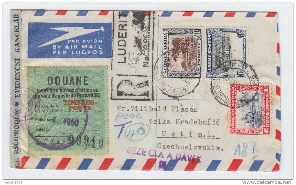 South West Africa/Czechoslovakia CUSTOMS REGISTERED AIRMAIL COVER 1950 - Other & Unclassified