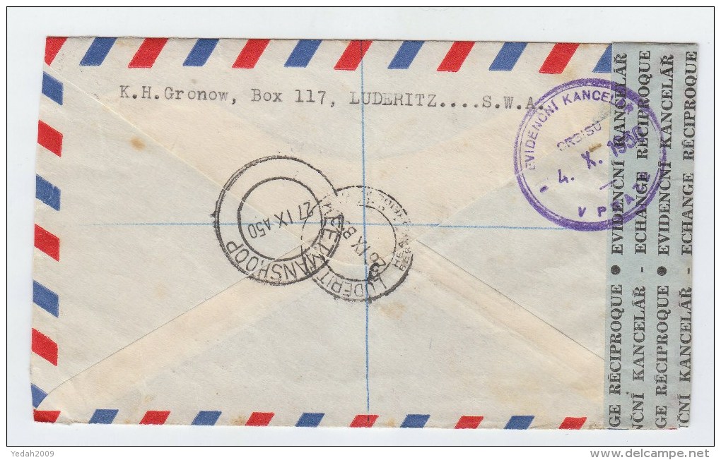 South West Africa/Czechoslovakia CUSTOMS REGISTERED AIRMAIL COVER 1950 - Other & Unclassified