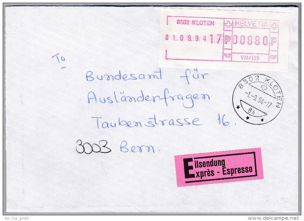 Schweiz Automatenmarken 1994-09-01 Kloten Chf 8,80 Auf Expresbrief Nach Bern - Automatenzegels