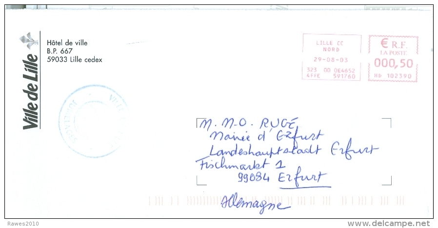 Frankreich Lille TGST 2003 Stadtverwaltung Lilie Brief Nach Deutschland - Maschinenstempel (Sonstige)