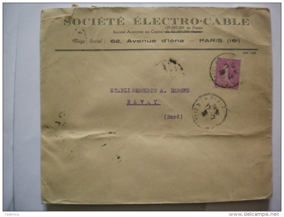 PARIS 17-12 30 SEMEUSE LIGNEE 75c ENVELOPPE SOCIETE ELECTRO-CABLE 62 AVENUE D´IENA PARIS 16e - 1921-1960: Période Moderne