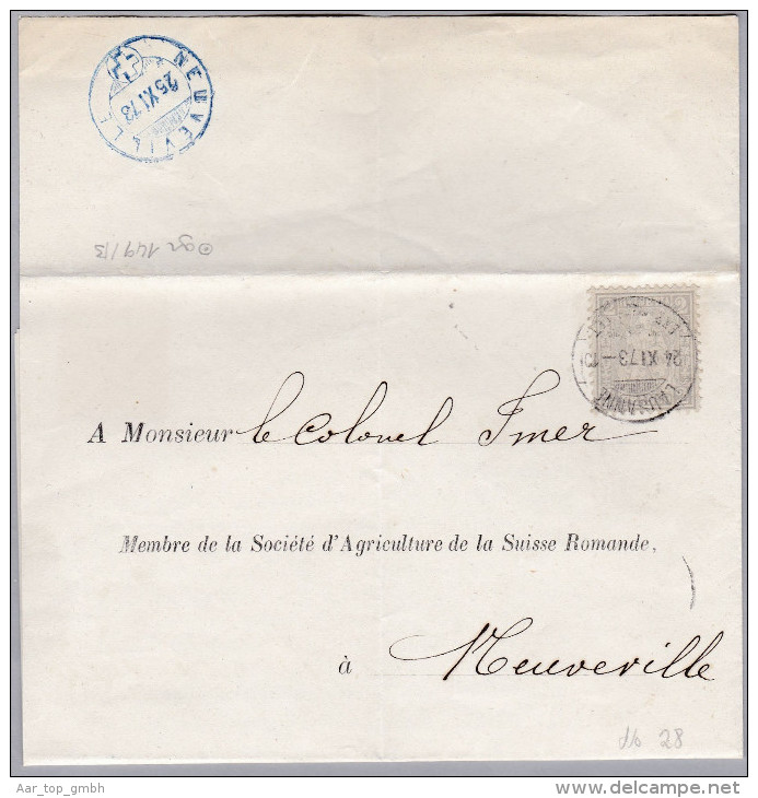 Heimat BE NEUVEVILLE 1873-11-25 Blau Als Ankunfts Stempel Auf Faltbrief Aus Lausanne - Briefe U. Dokumente