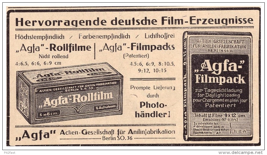 Original Werbung - 1916 - AGFA - Filmpack , Rollfilme , Kamera , Camera , Photographie !!! - Zubehör & Material