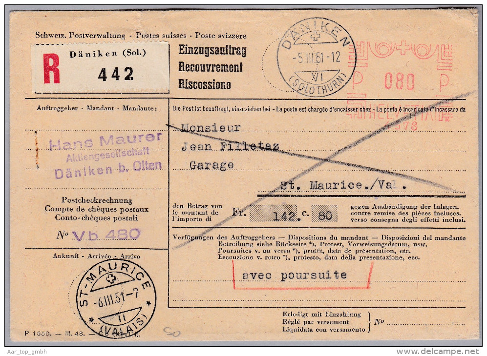 Schweiz Automatenmarken 1951-03-05 Däniken "P80P #4578" Auf R-Einzugsmandat - Automatic Stamps