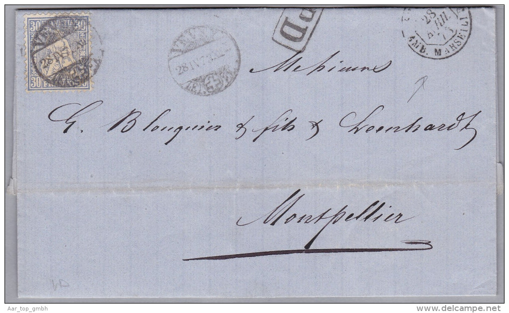 Heimat VD VEVEY 1873-04-28 Brief Nach Montpellier F Mit 30Rp. Sitzende - Briefe U. Dokumente