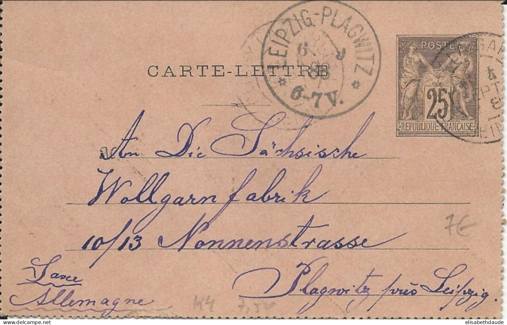 1888 - CARTE-LETTRE ENTIER POSTAL SAGE De CLICHY Pour LEIPZIG - Cartoline-lettere