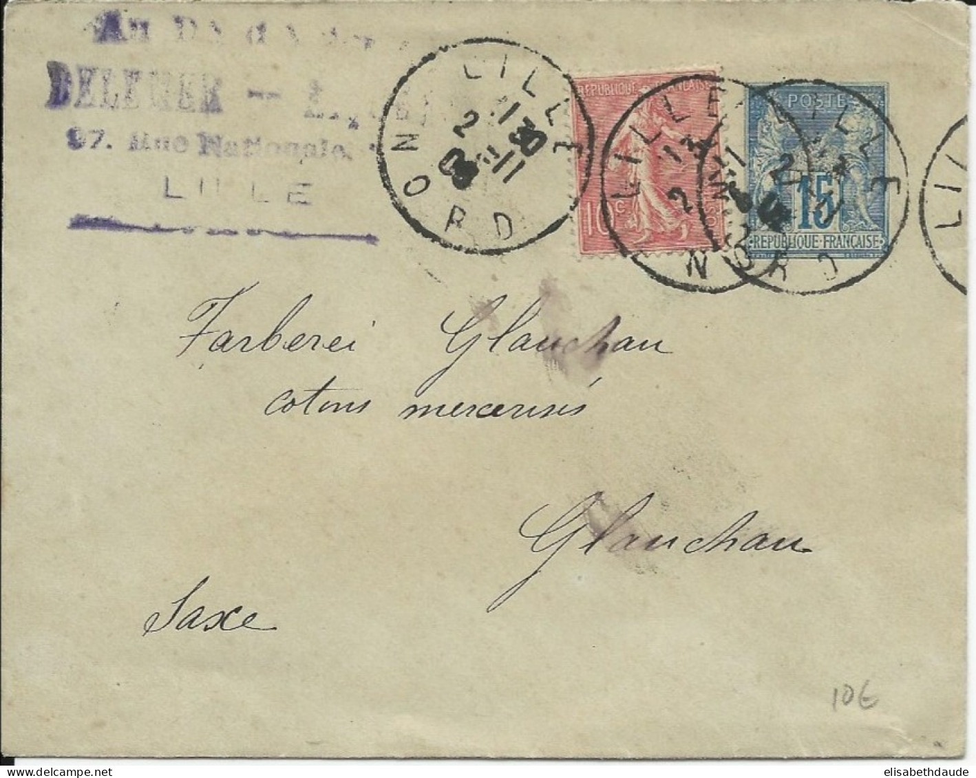 1905 - ENVELOPPE ENTIER POSTAL SAGE Avec COMPLEMENT SEMEUSE LIGNEE De LILLE Pour GLAUCHAU (SAXE) - 1877-1920: Periodo Semi Moderno