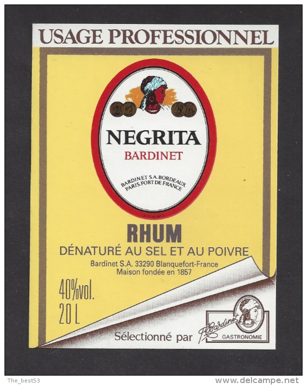 Etiquette De Rhum Dénaturé - Negrita  ( Auto Collant)  -    Bardinet  à  Blanquefort  (33) - Rhum