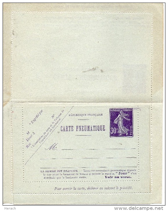 FRANCE CARTE PNEUMATIQUE DOUBLE 30c VIOLET TYPE SEMEUSE - Neumáticos