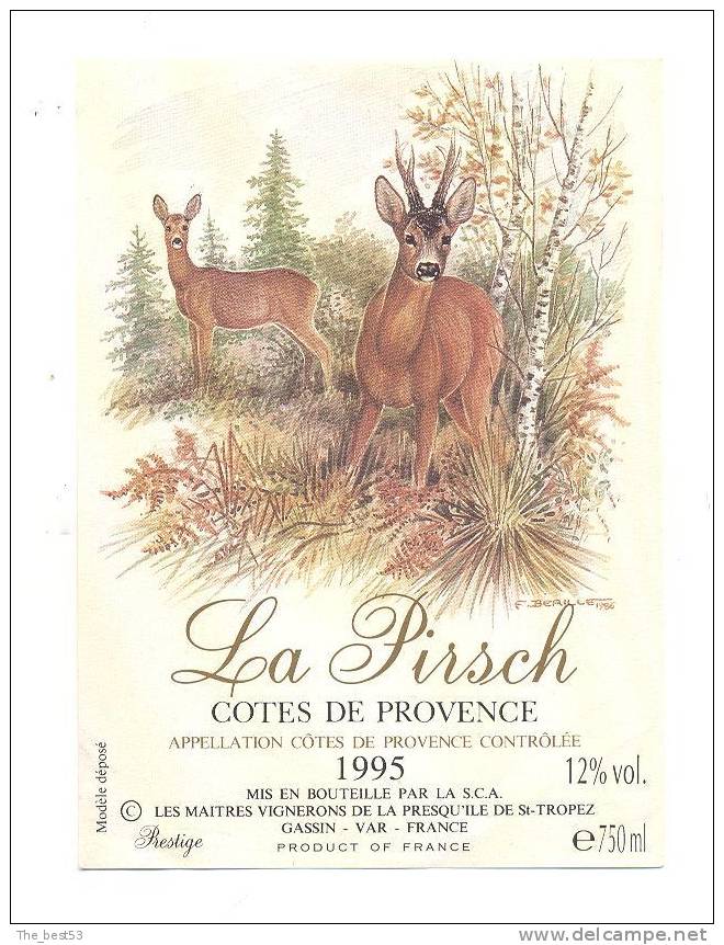 Etiquette De Vin -  Côtes De Provence - La Pirsch  -  (Thème Cheveuil) -  (Illustrateur F Bérille  1986) - Jagd