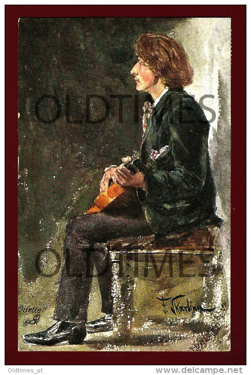 PLAYING GUITAR - OILETTE - RAPHAEL TUCK AND SONS - 1910 FRANZ J. KARBINA ART SIGNED PC - Tuck, Raphael