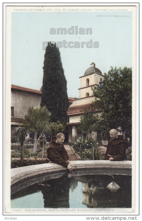 GARDEN VIEW ~ SANTA BARBARA MISSION CALIFORNIA CA ~ MONKS ~ C1910s-20s Vintage Postcard - Santa Barbara