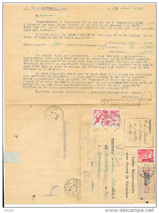 Décompte Du Prix Du Loyer - Neuilly 1949 - Application De La Loi Du 1er Septembre 1948 - Lettre Recommandée - 1900 – 1949