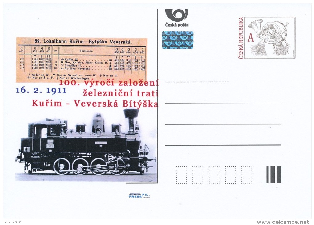 Czech Rep. / Postal Stat. (Pre2011/07) 100 Anniversary Of The Railway Line Kurim - Veverska Bityska (1911-2011) - Postkaarten