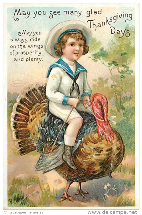 230867-Thanksgiving, IAP No 2445-3, Boy In Sailor Outfit Riding A Turkey - Giorno Del Ringraziamento