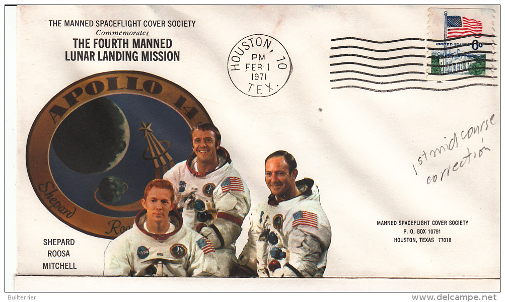 SPACE -  USA - 1971 - APOLO 14  MIDCOURSE CORRECTON  COVER WITH  HOUSTON    POSTMARK - Etats-Unis