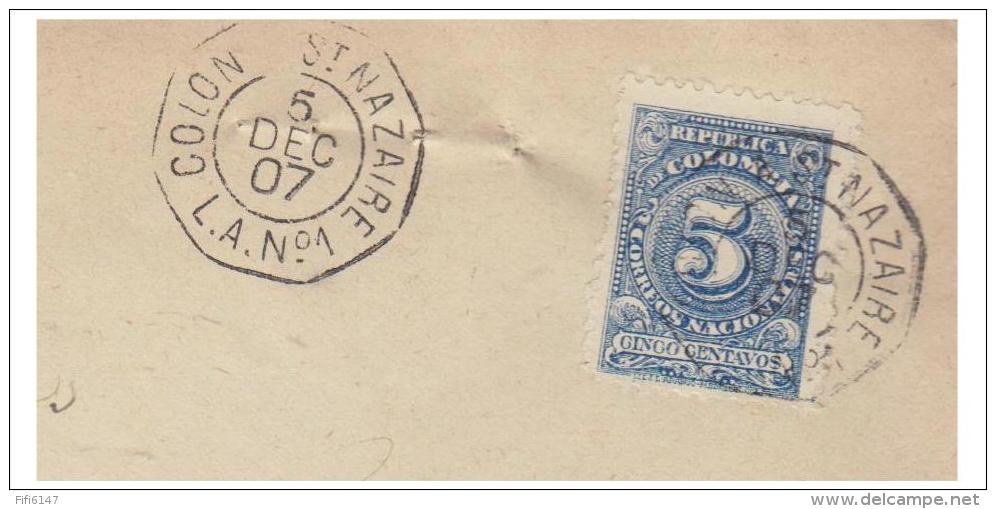 ### POSTE MARITIME ### LETTRE DE COLOMBIE POUR PARIS 1907 ### LIGNE A DE COLON A ST NAZAIRE - Schiffspost