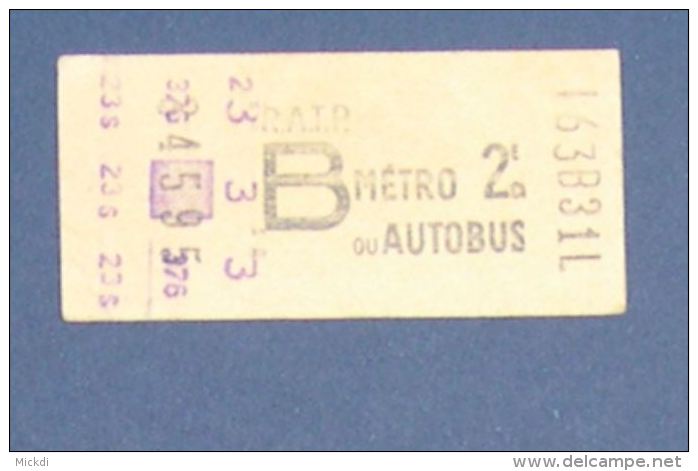 RATP METRO AUTOBUS  - PARIS - TICKET - B - Europe