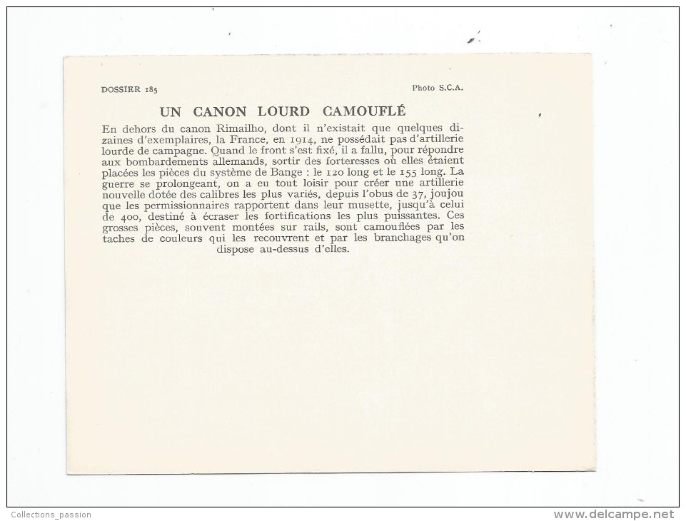 Fiche , Photographie , 14.5 X 11.5 , Dossier 185, 2 Scans  , N° 12 , Canon Lourd Camouflé - Historia