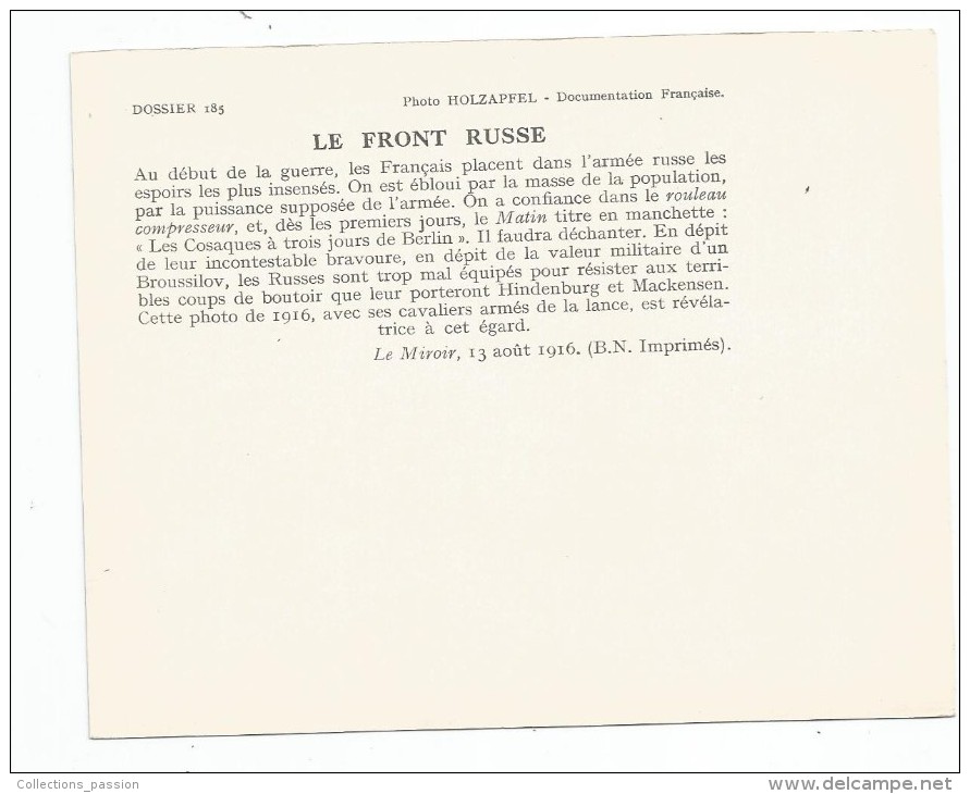 Fiche , Photographie , 14.5 X 11.5 , Dossier 185, 2 Scans  , N° 19 , Sur Le Front RUSSE , En 1916 - History