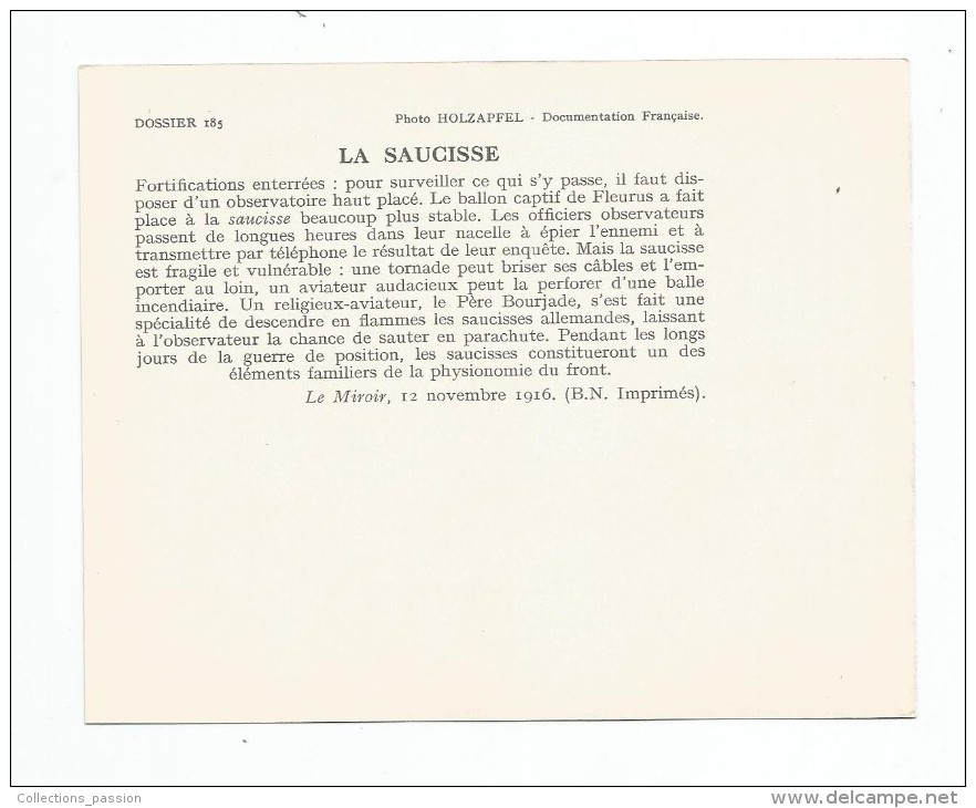 Fiche , Photographie , 14.5 X 11.5 , Dossier 185, 2 Scans,n° 14 , Aviation , Saucisse D´observation - History
