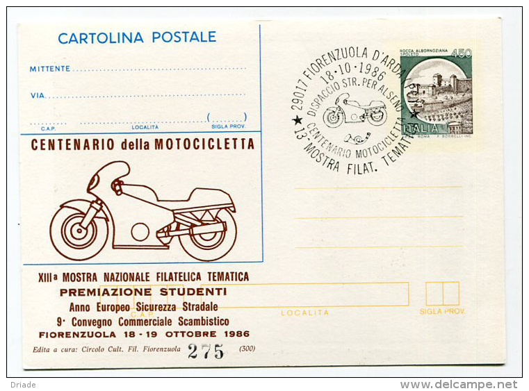 INTERO POSTALE CON PUBBLICITà PRIVATA SOVRASTAMPA CENTENARIO DELLA MOTOCICLETTA FIORENZUOLA D´ARDA ANNO 1986 - Postwaardestukken