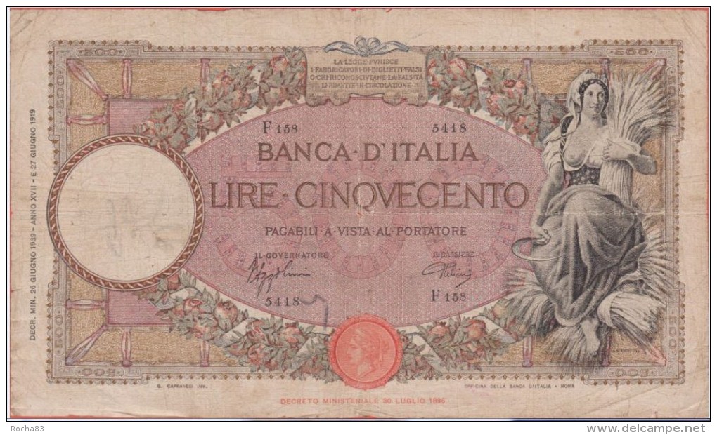 ITALIE - 500 Lires Décret 26 06 1939 - P 61 - 500 Liras