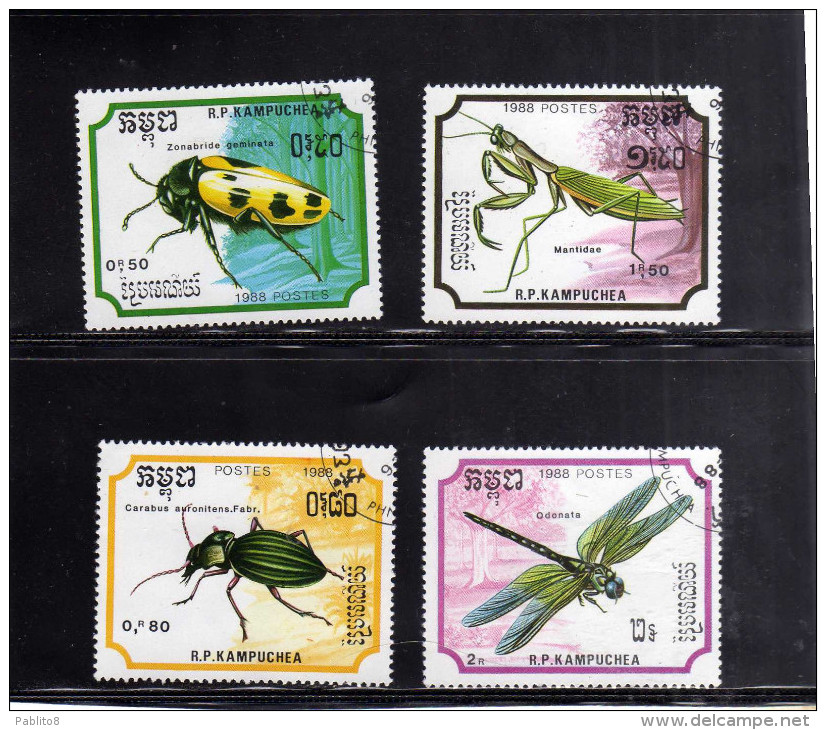 KAMPUCHEA - CAMBOGIA CAMBODIA CAMBOGE 1988 FAUNA INSECTS INSETTI USATI USED OBLITERE´ - Kampuchea