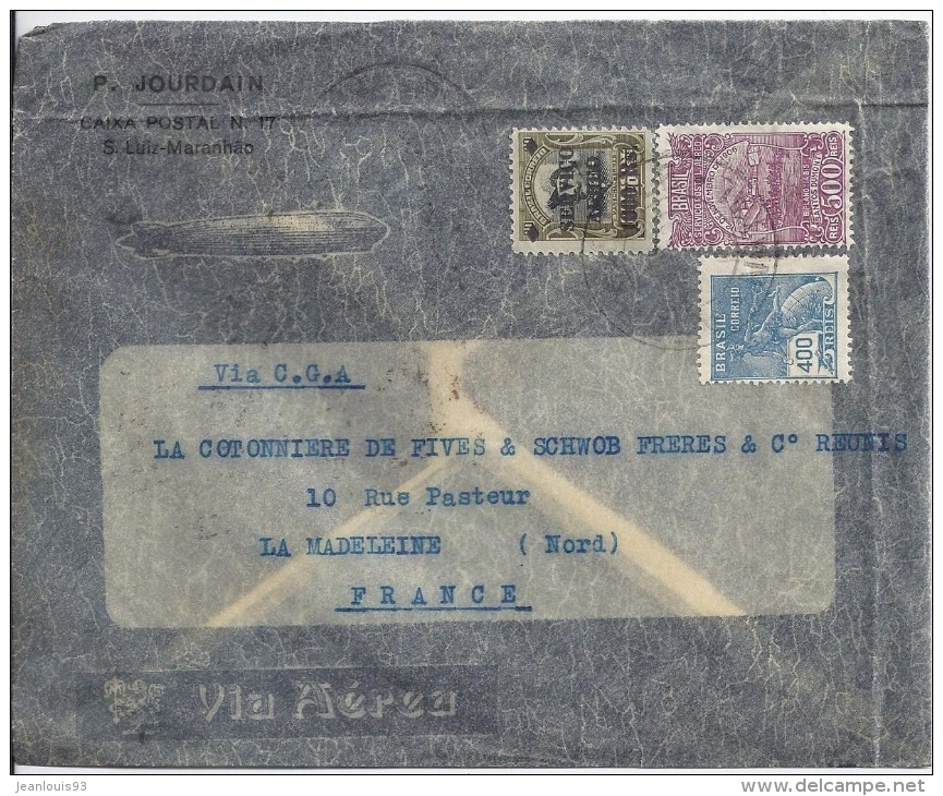 BRESIL - LETTRE POUR FRANCE VIA C.G.A. 1932 LA COTONNIERE - COMPAGNIE AEROPOSTALE SERVICO POSTALE AERO - Poste Aérienne (Compagnies Privées)